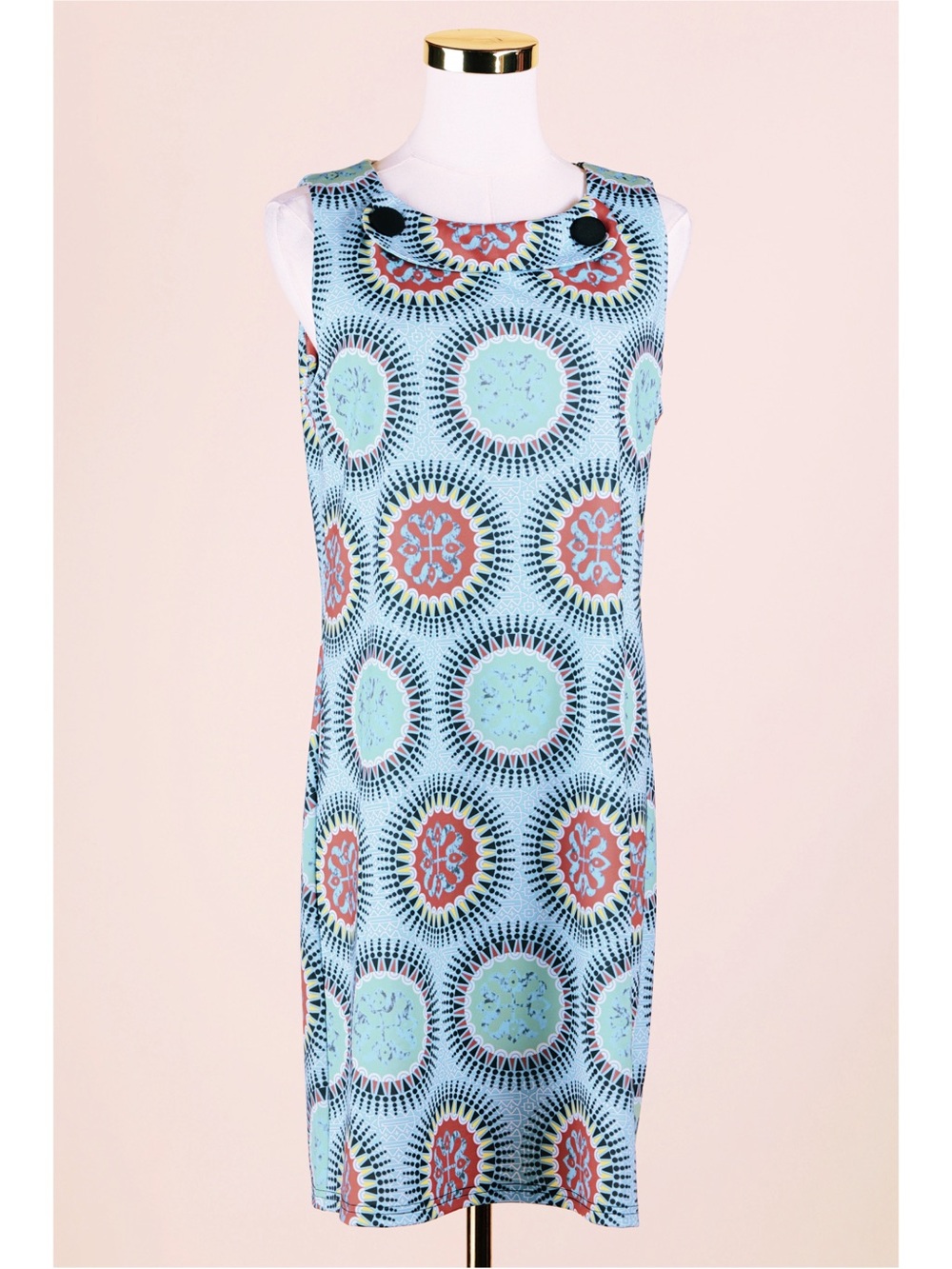 Sz M Aryeh Teal Geometric Sleeveless Retro Mod Midi Shift Dress EUC